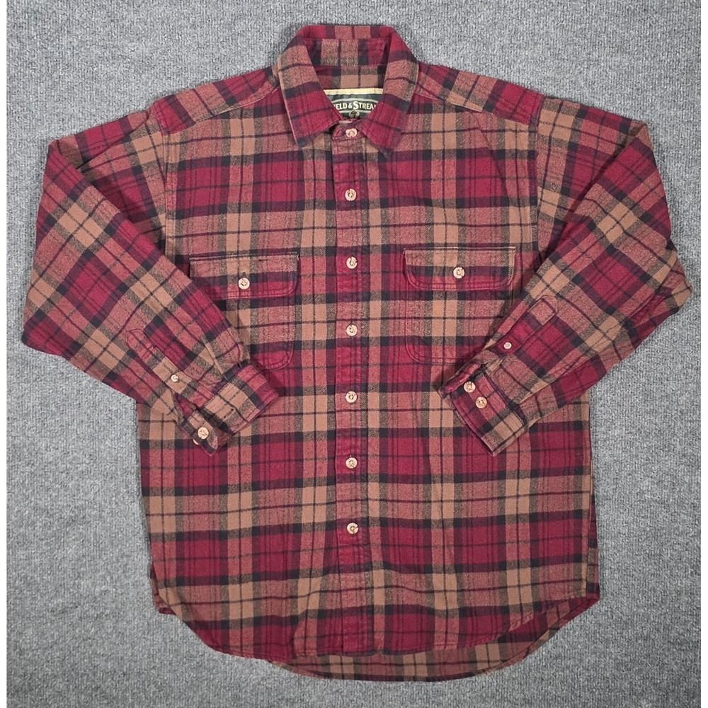 Field & Stream Mens Medium Heavy Duty Flannel Shirt Red Brown Plaid Button Down